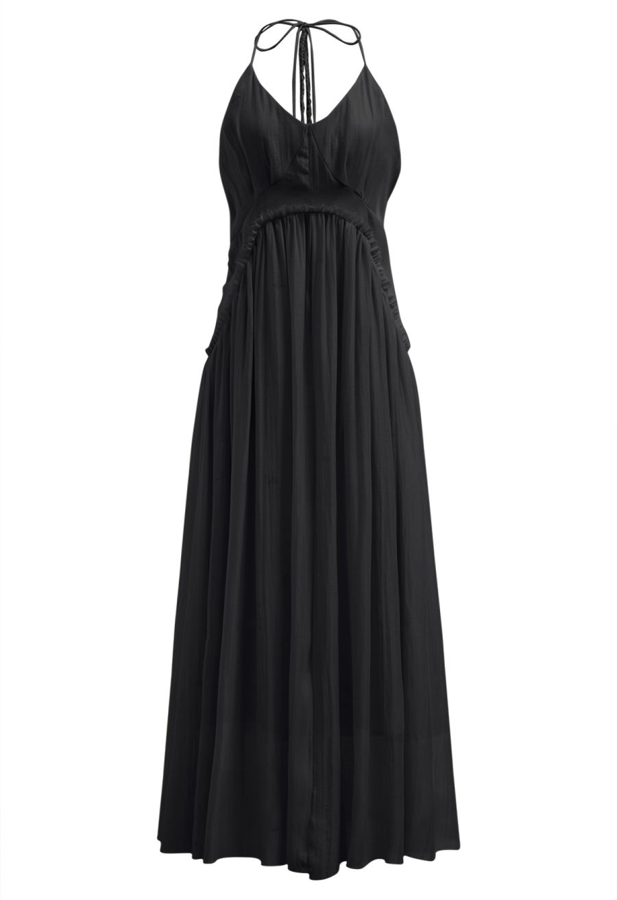 Open Back Ruffle Halter Neck Maxi Dress in Black