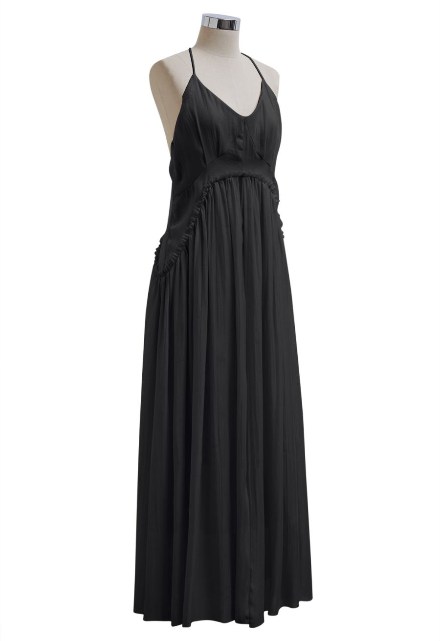 Open Back Ruffle Halter Neck Maxi Dress in Black