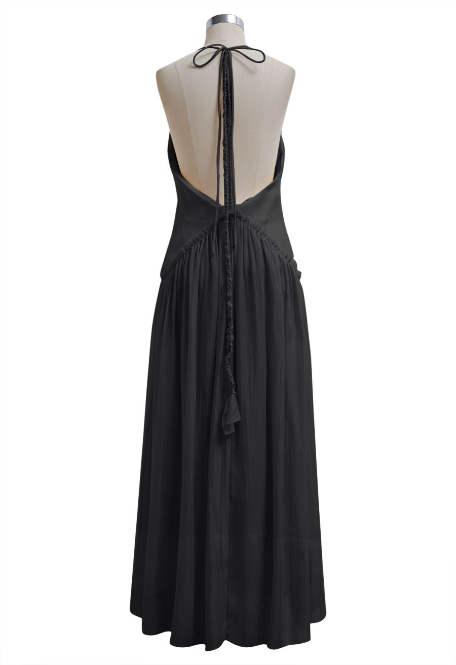 Open Back Ruffle Halter Neck Maxi Dress in Black