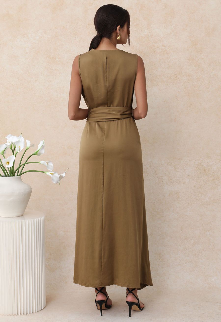 Vintage Elegance Wrap Front Sleeveless Maxi Dress in Brown