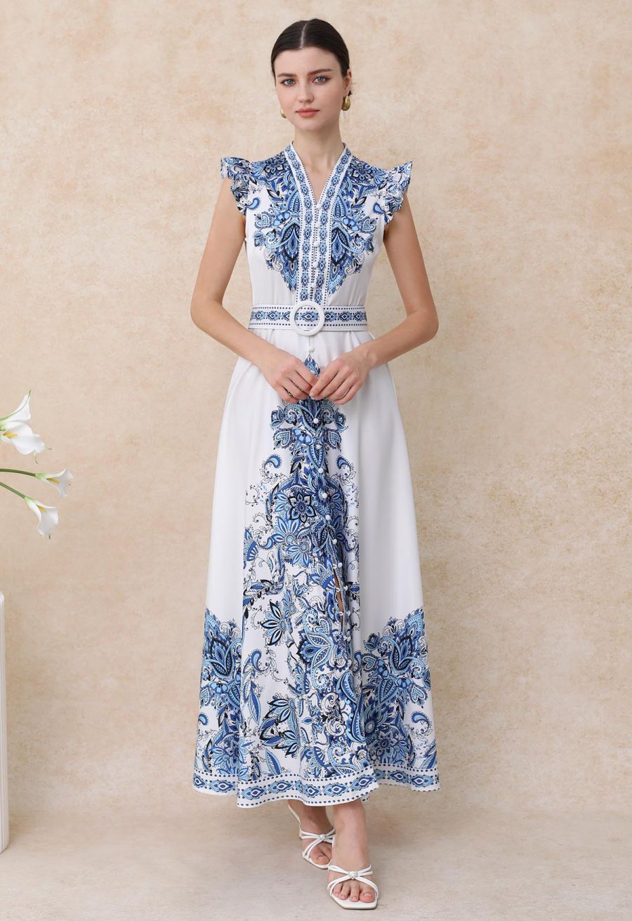 Floral Tile Printed Button Down Sleeveless Maxi Dress