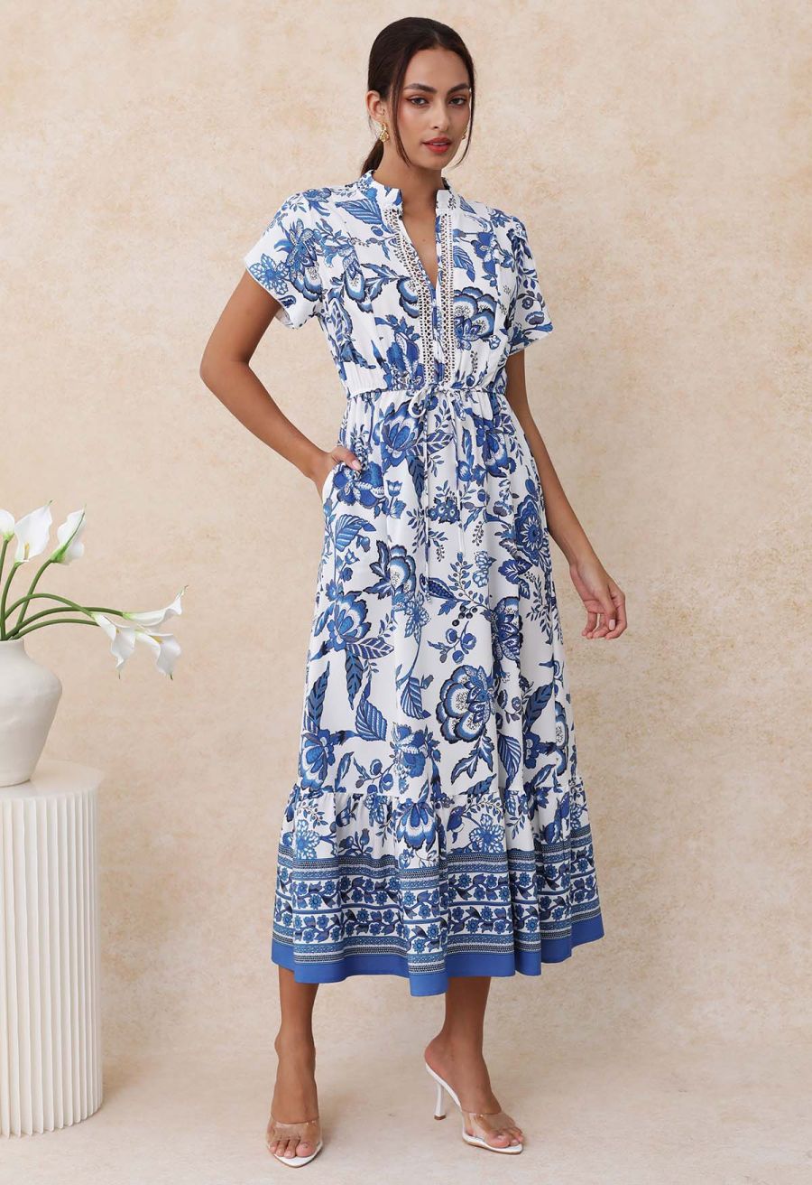 Blue Blossom Notch Neckline Frilling Dress
