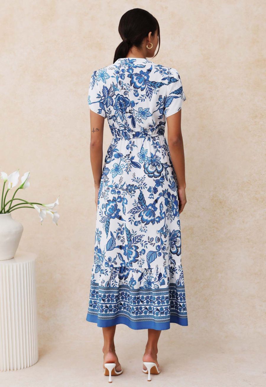 Blue Blossom Notch Neckline Frilling Dress
