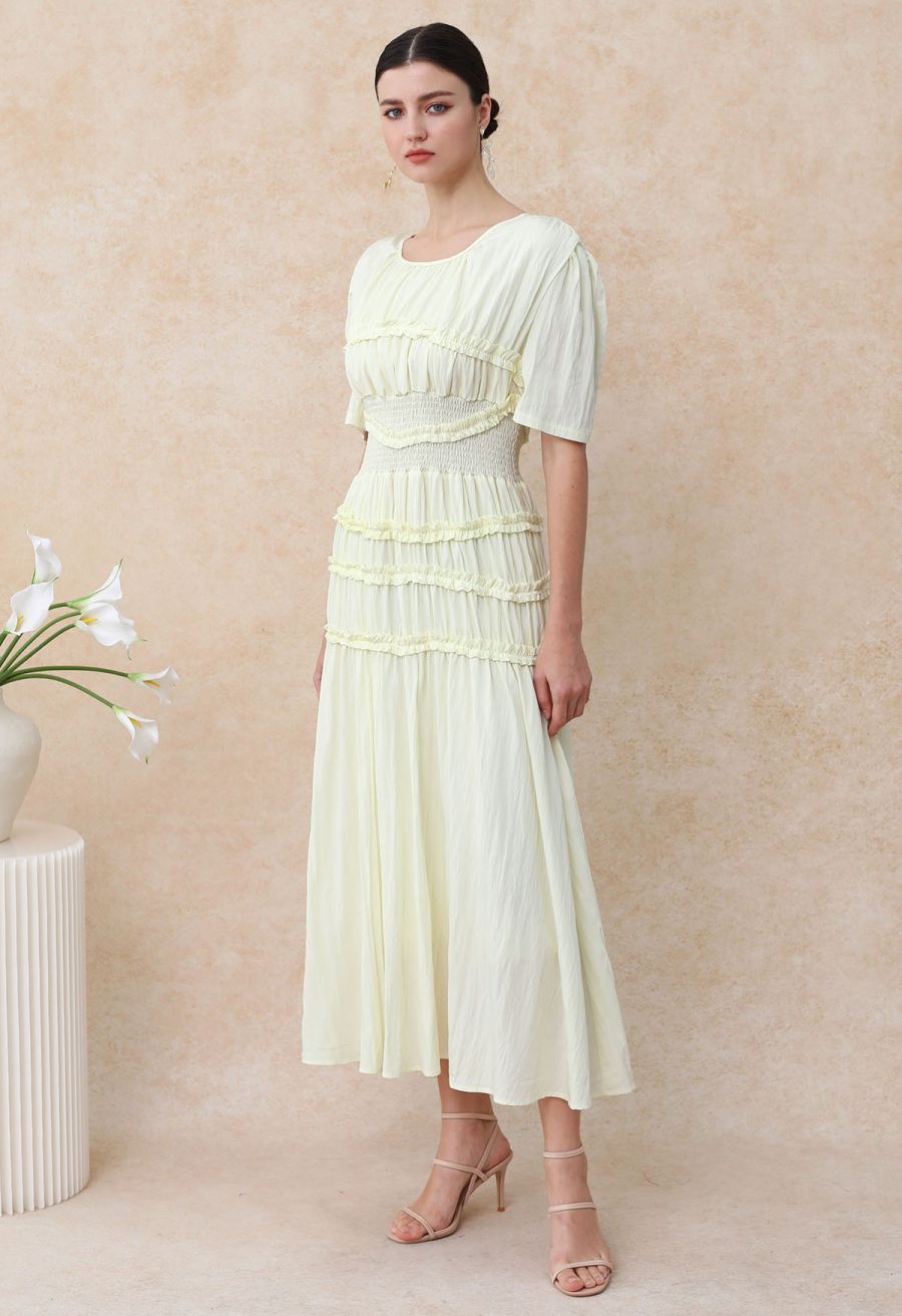 Ruffle Accent Short Sleeve Shirred Maxi Dress in Light Yellow