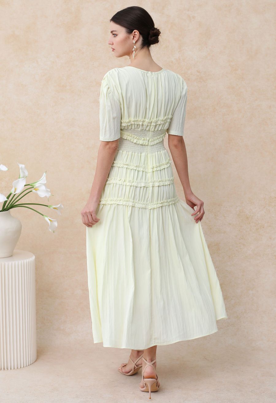 Ruffle Accent Short Sleeve Shirred Maxi Dress in Light Yellow