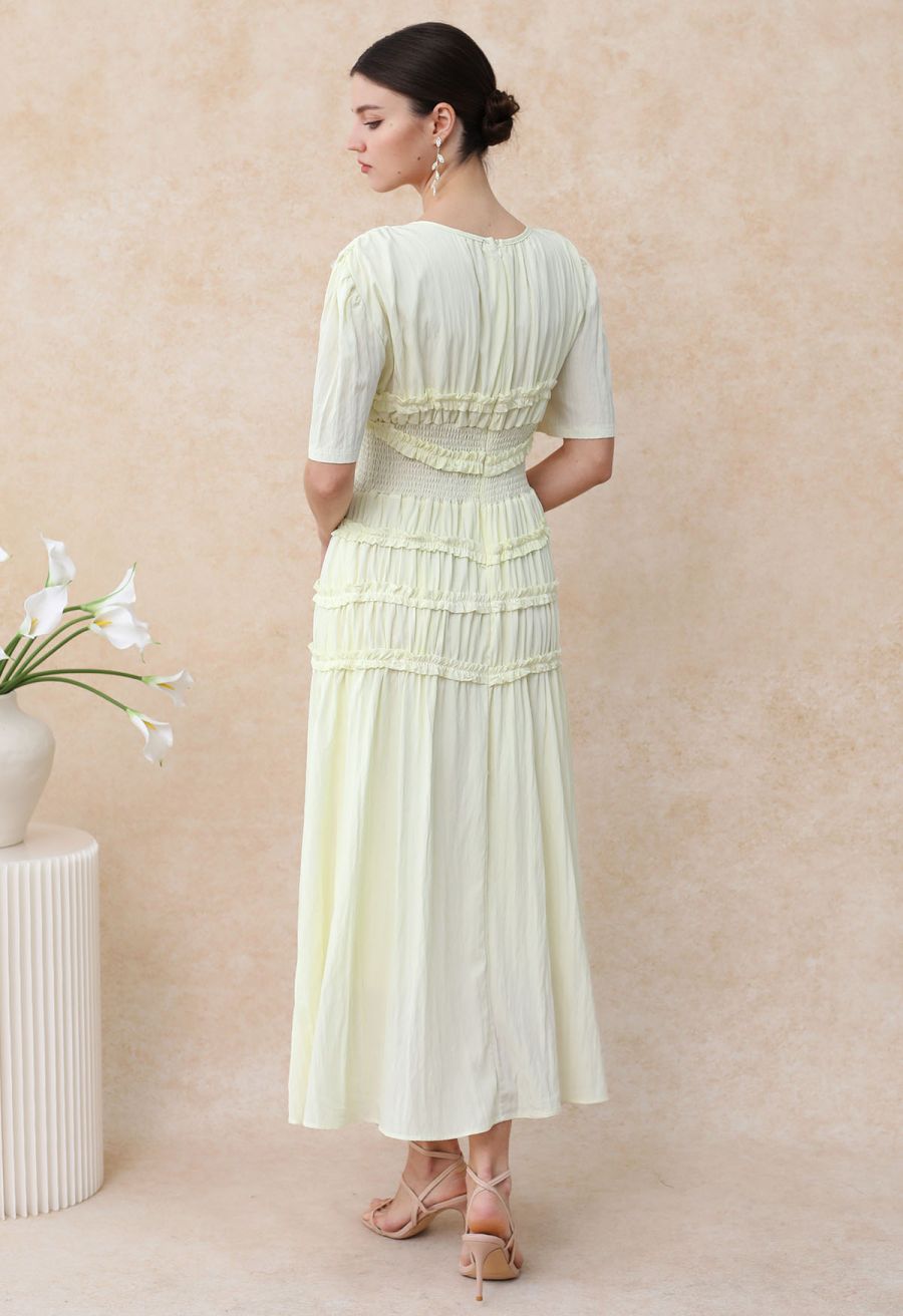 Ruffle Accent Short Sleeve Shirred Maxi Dress in Light Yellow