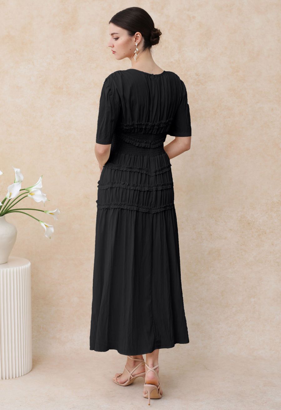Ruffle Accent Short Sleeve Shirred Maxi Dress in Black