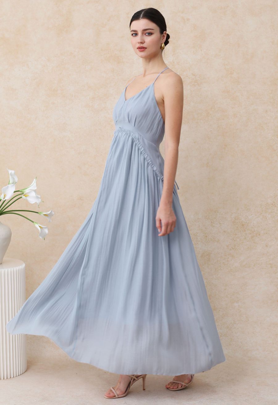 Open Back Ruffle Halter Neck Maxi Dress in Dusty Blue