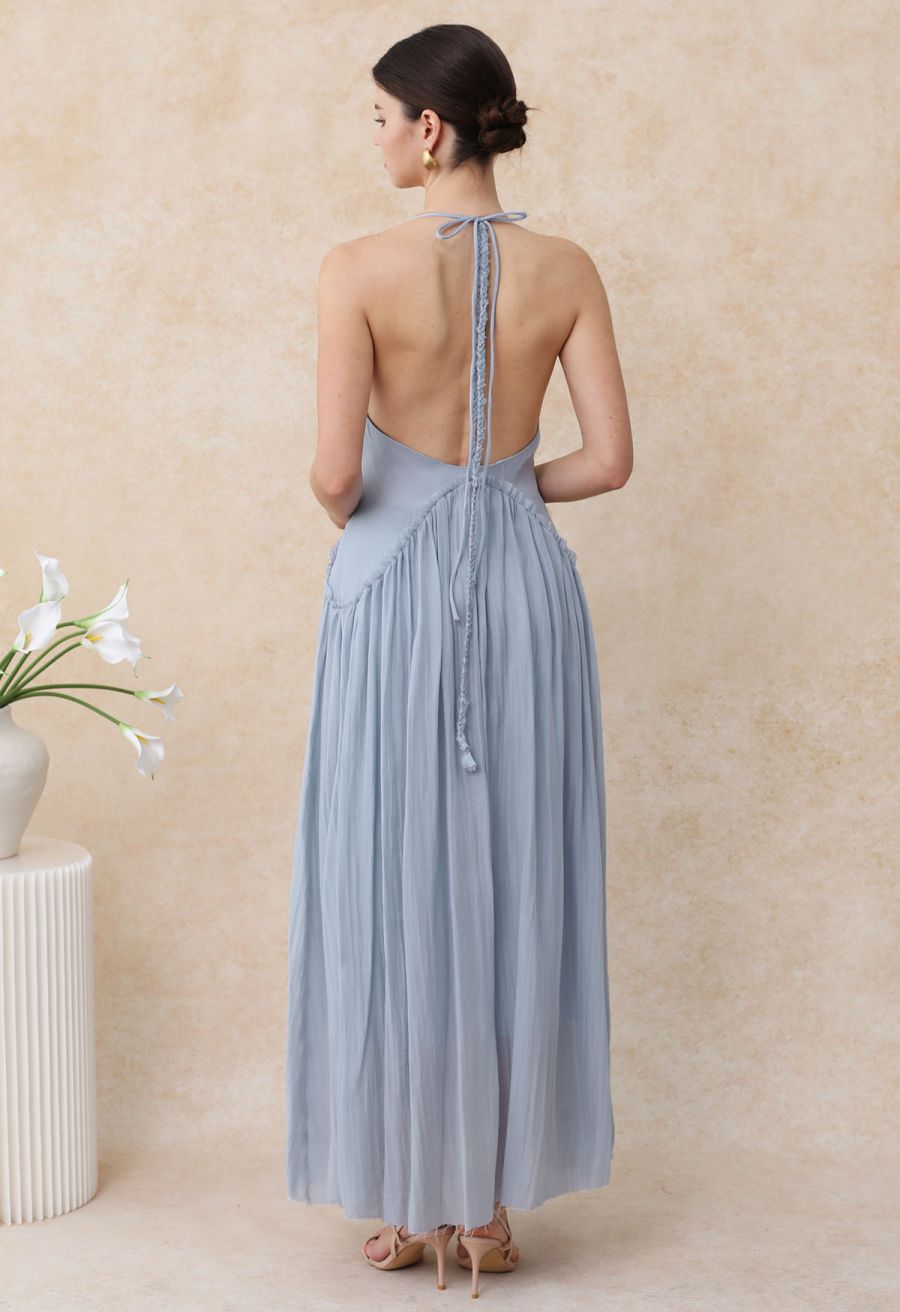 Open Back Ruffle Halter Neck Maxi Dress in Dusty Blue