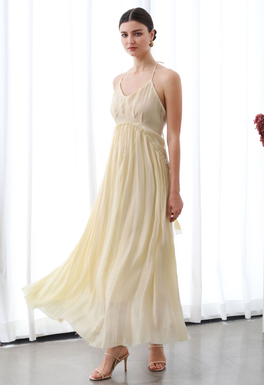 Open Back Ruffle Halter Neck Maxi Dress in Apricot