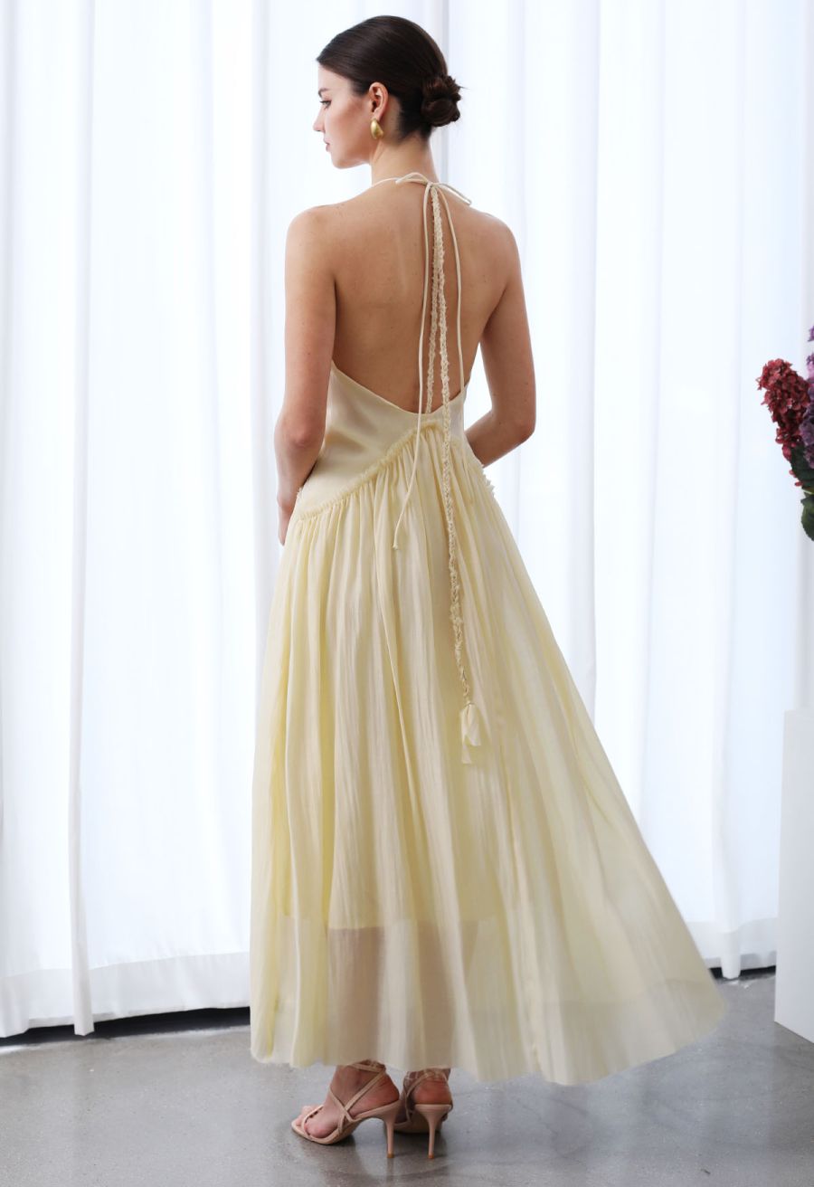 Open Back Ruffle Halter Neck Maxi Dress in Apricot