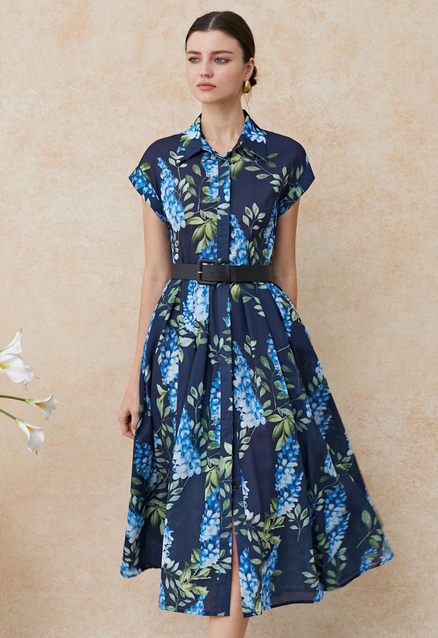 Wisteria Printed Button Down Belted Midi Dress