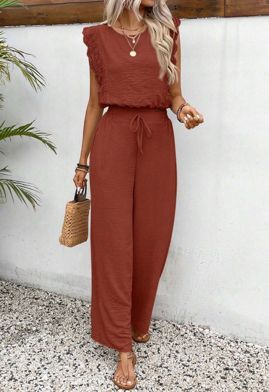 Crochet Sleeveless Top and Drawstring Pants Set in Rust