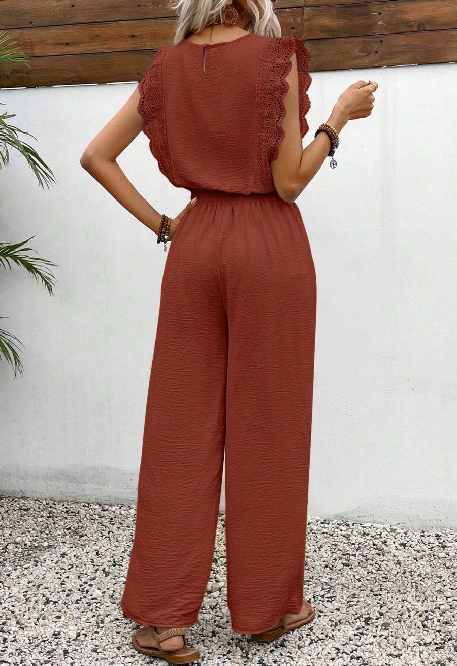 Crochet Sleeveless Top and Drawstring Pants Set in Rust