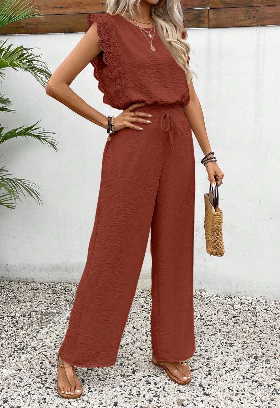 Crochet Sleeveless Top and Drawstring Pants Set in Rust