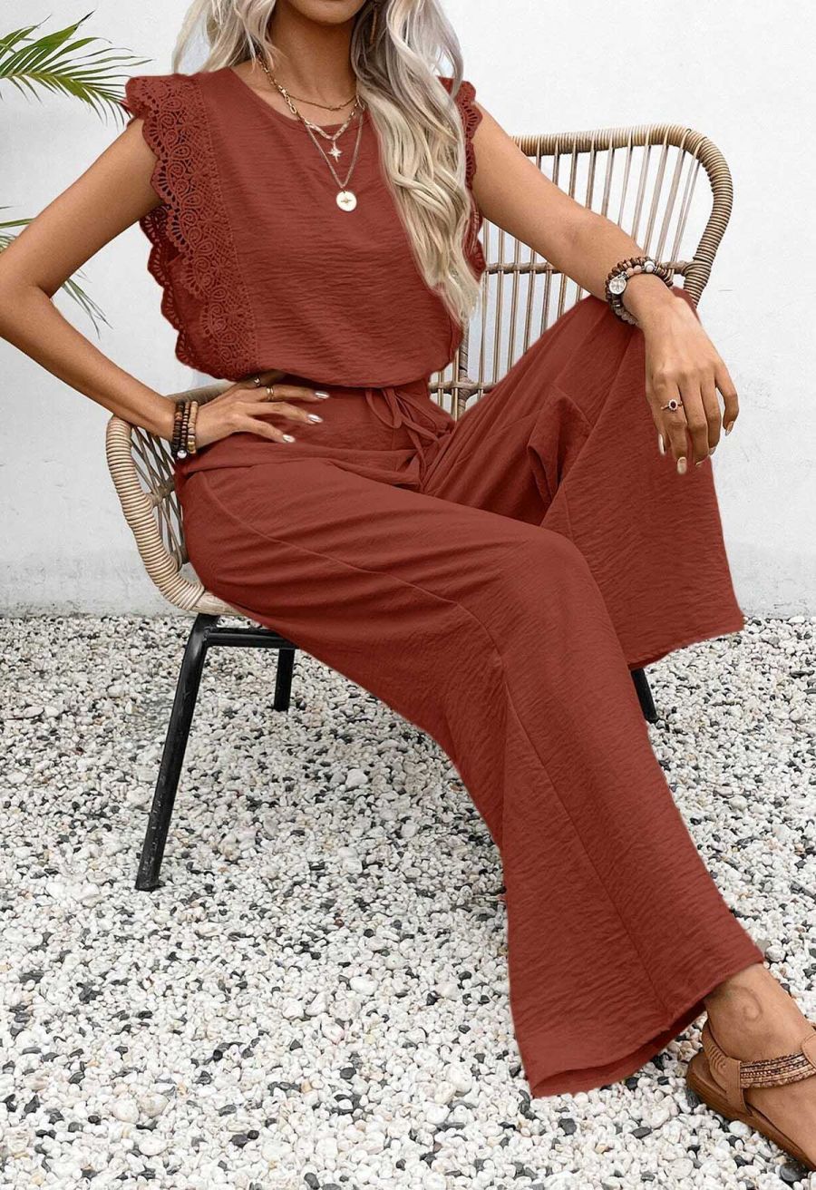 Crochet Sleeveless Top and Drawstring Pants Set in Rust