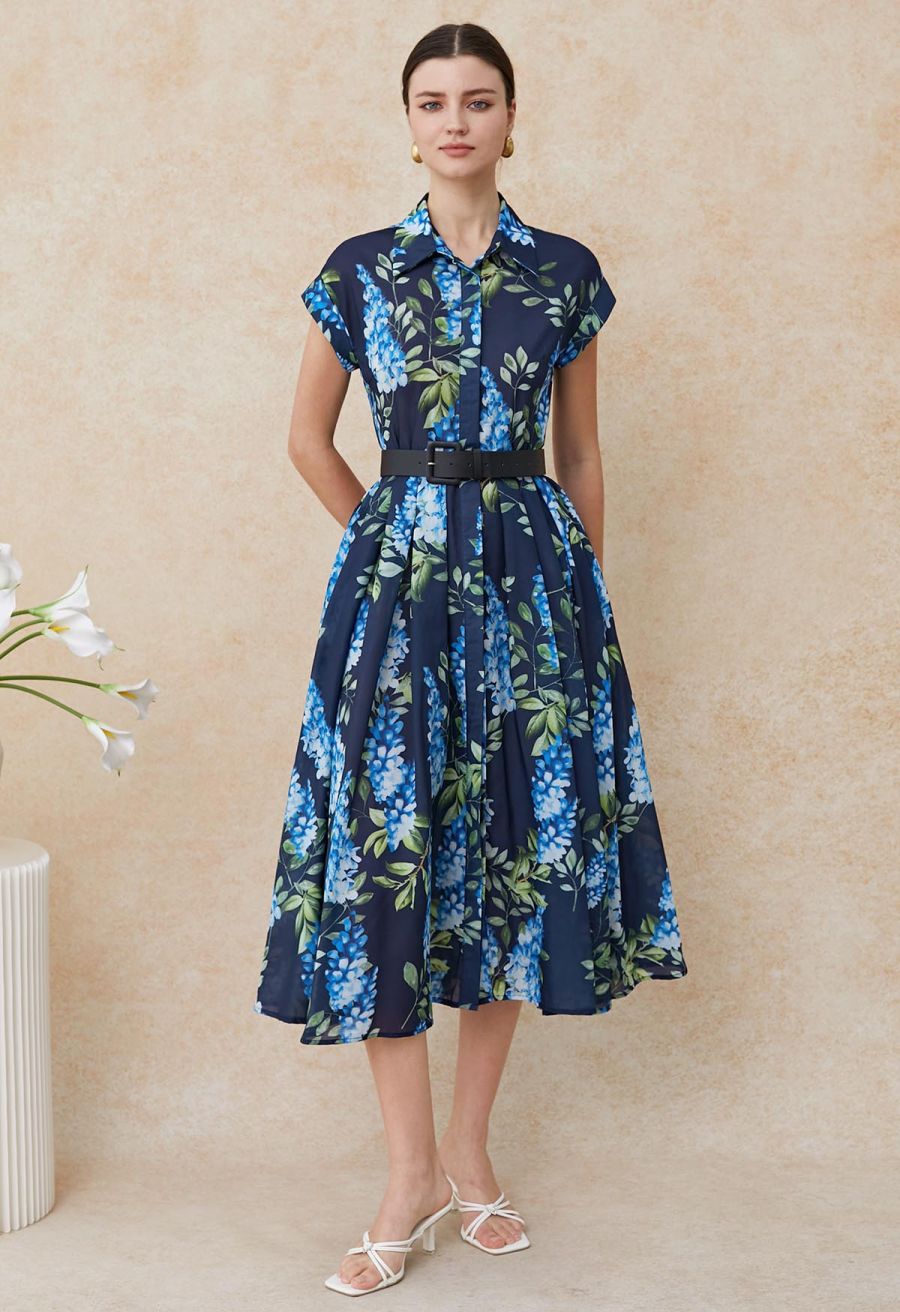 Wisteria Printed Button Down Belted Midi Dress