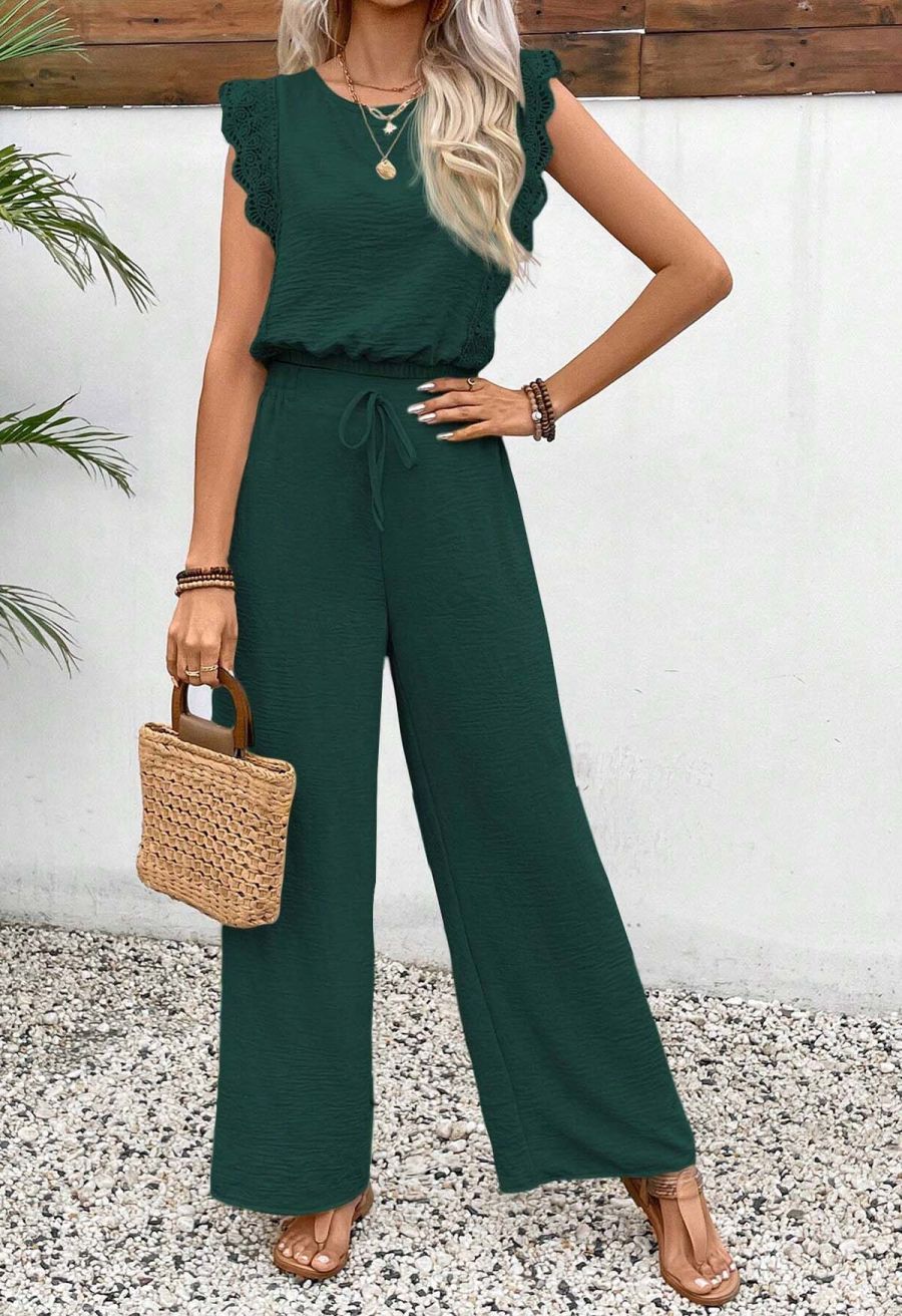 Crochet Sleeveless Top and Drawstring Pants Set in Dark Green