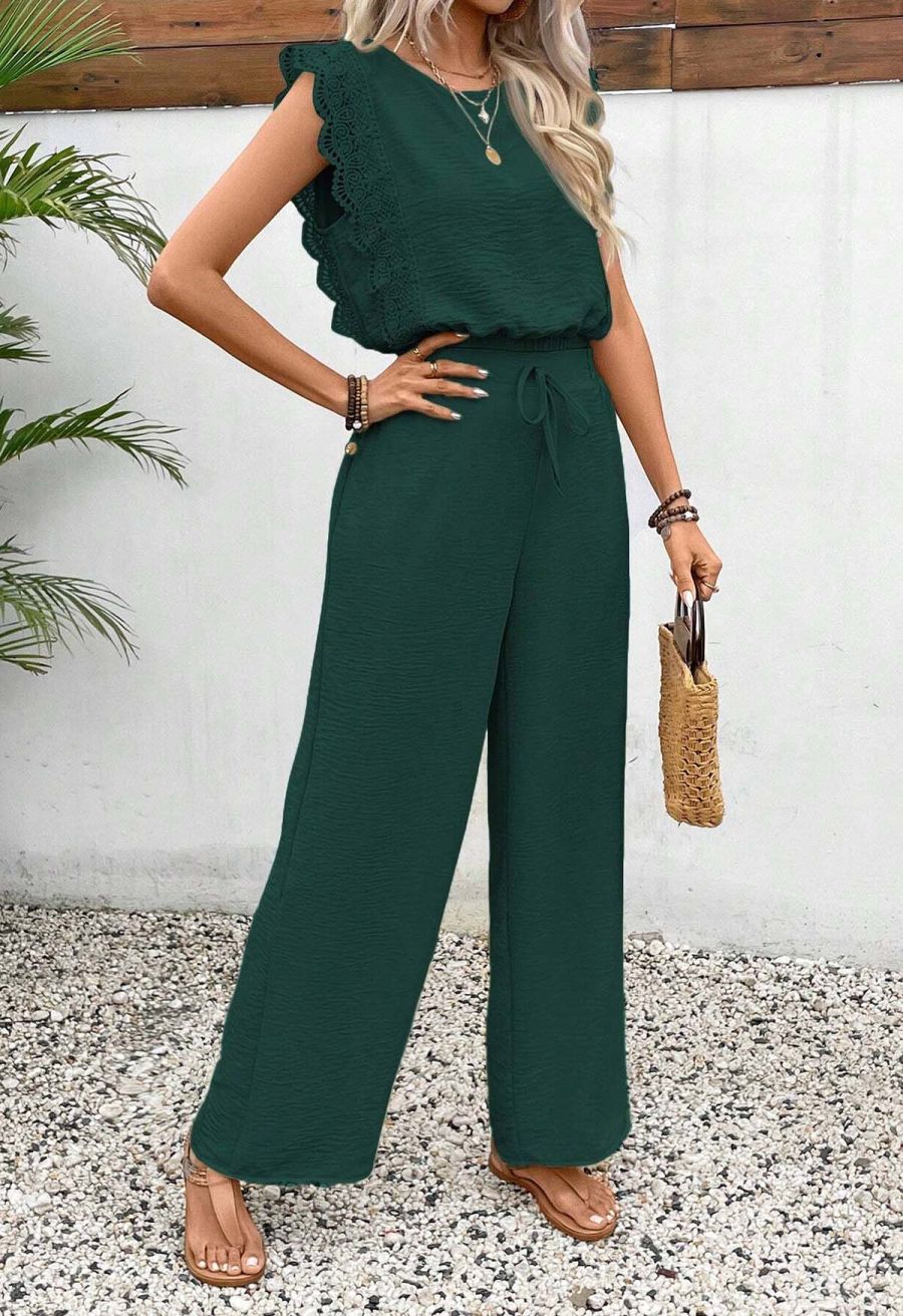 Crochet Sleeveless Top and Drawstring Pants Set in Dark Green