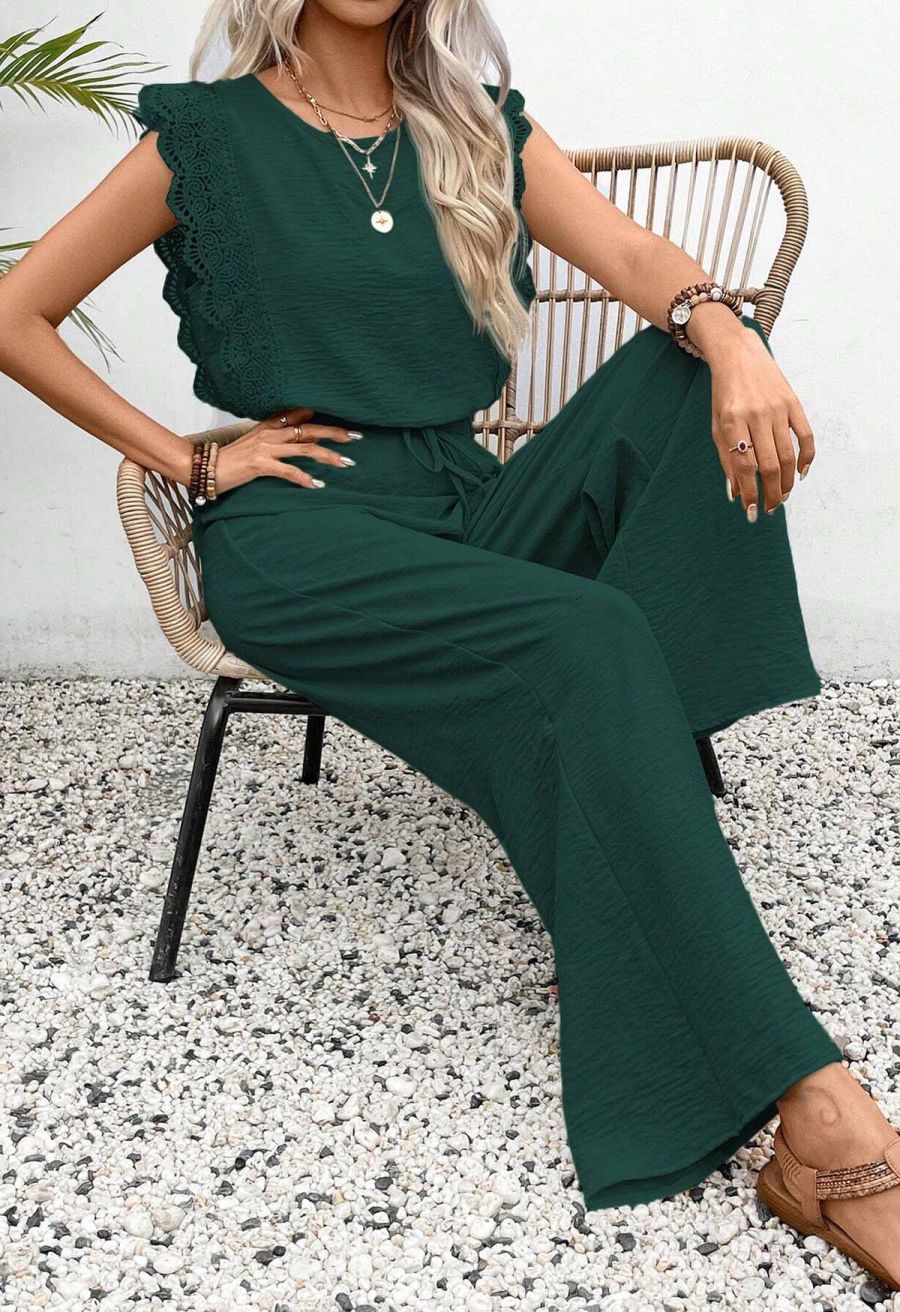 Crochet Sleeveless Top and Drawstring Pants Set in Dark Green