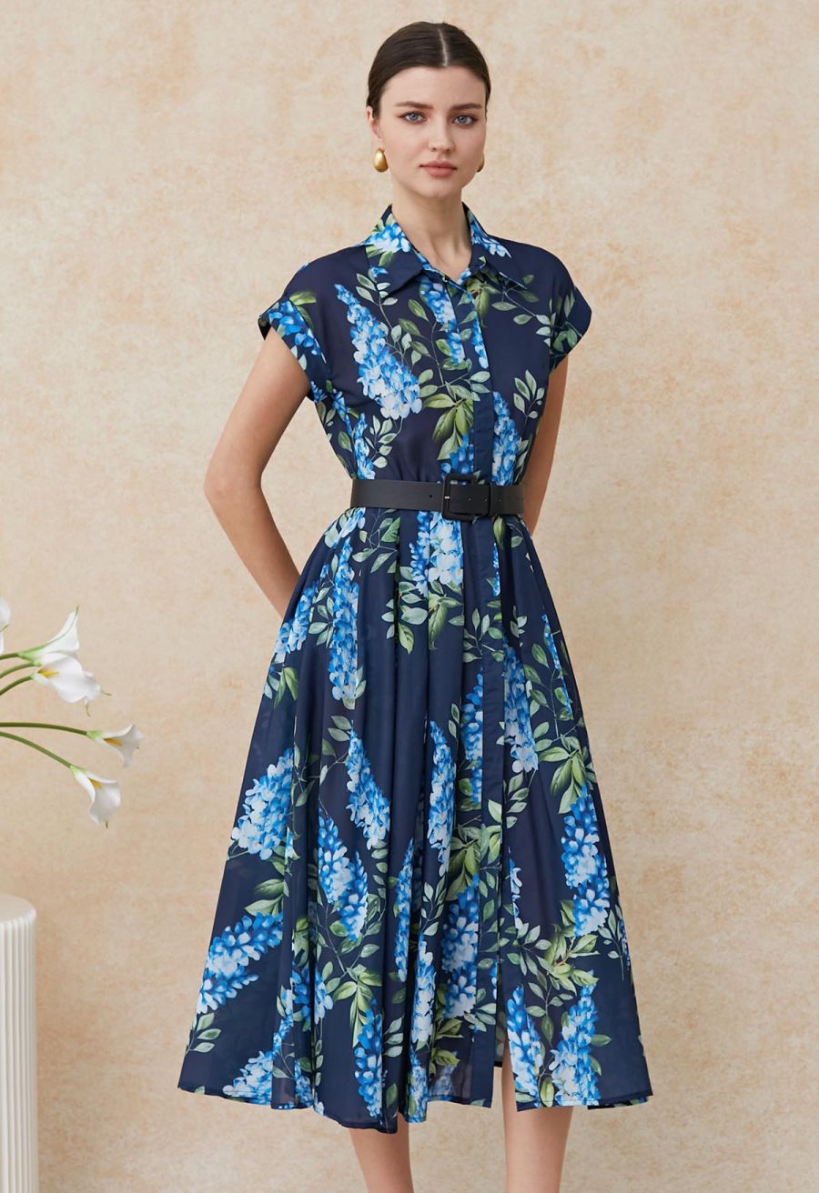 Wisteria Printed Button Down Belted Midi Dress