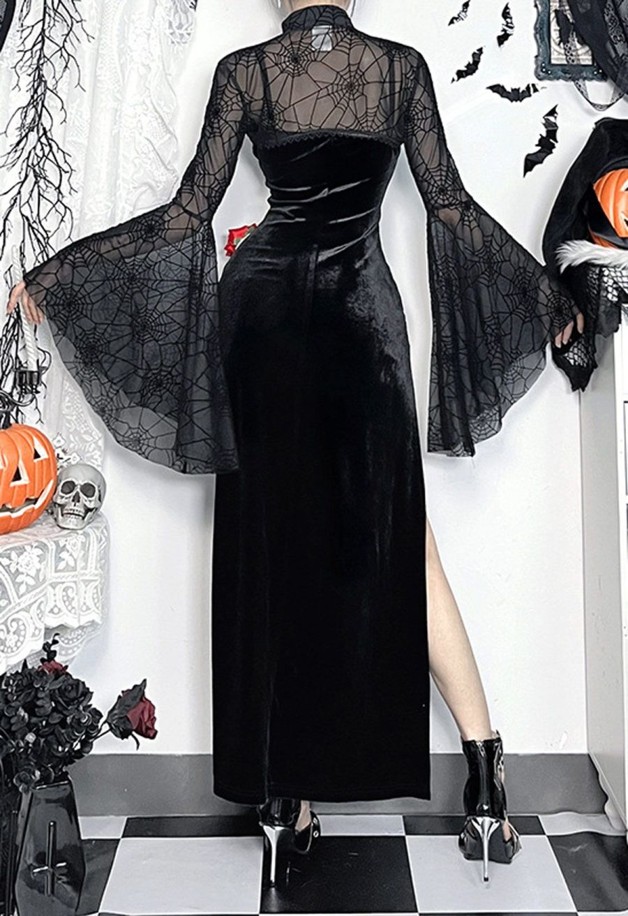 Gothic Spider Web Spliced Velvet Slit Dress