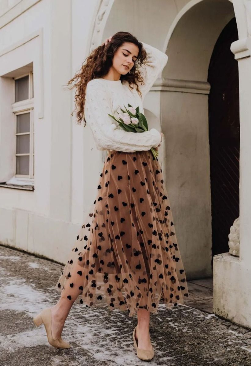 3D Heart Double-Layered Mesh Maxi Skirt in Caramel