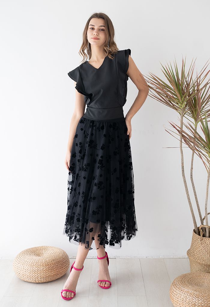 3D Posy Double-Layered Mesh Midi Skirt in Black