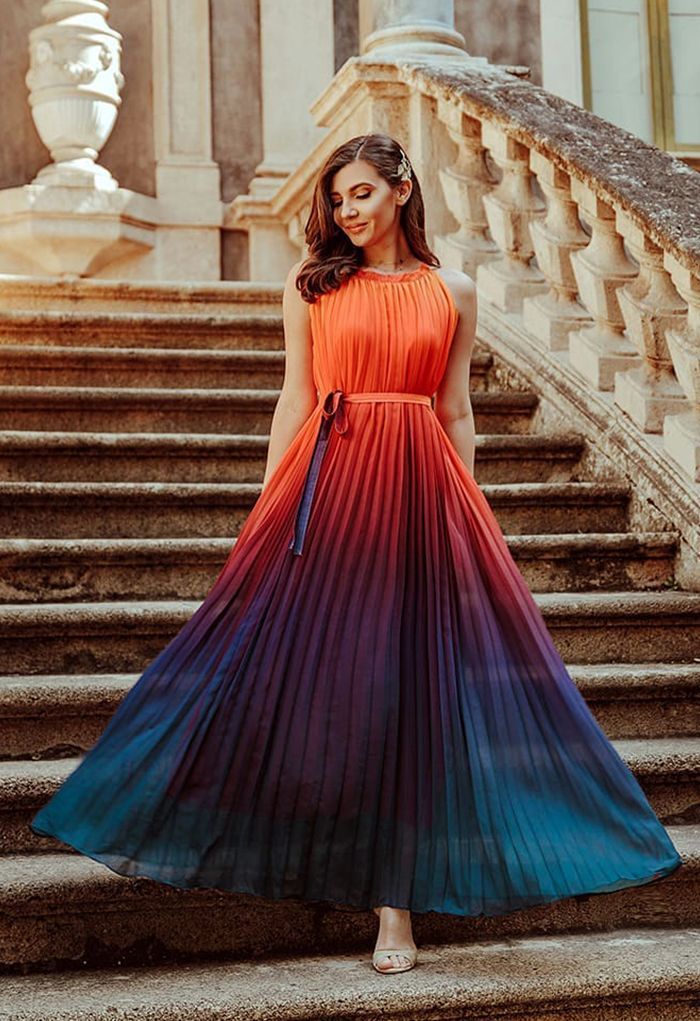 Splendor of the Sunset Gradient Pleated Maxi Dress