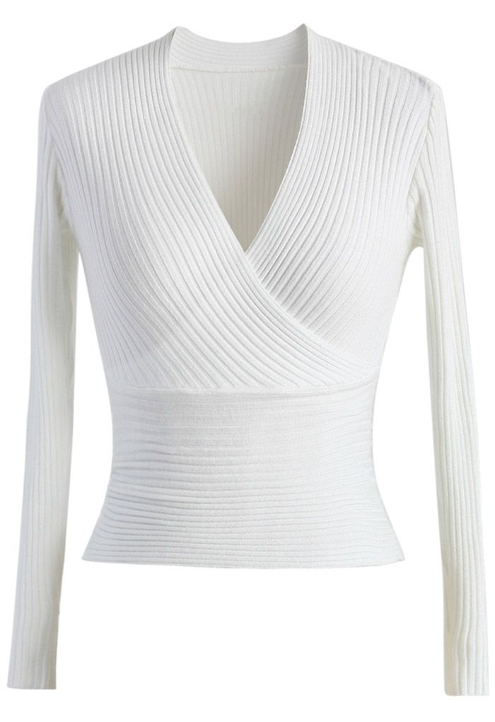 Glam V-neck Ribbed Top in White