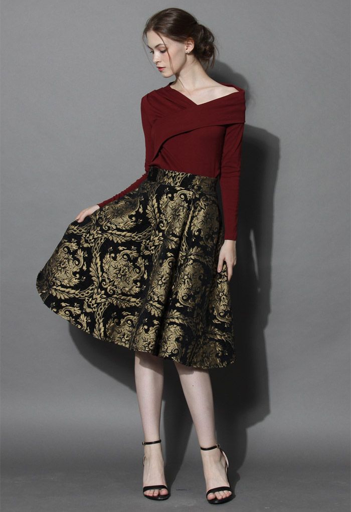 Golden Bouquet Jacquard Midi Skirt