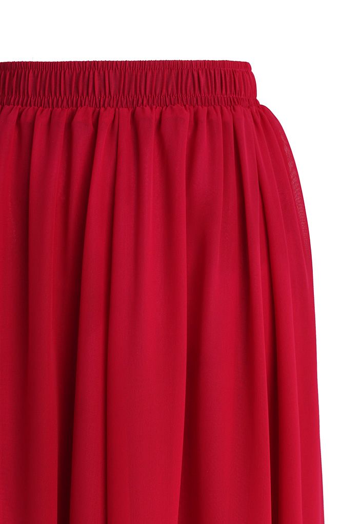 Detail shot of Wine Red Pleated Maxi Skirt, highlighting the elastic waistband and delicate pleats.