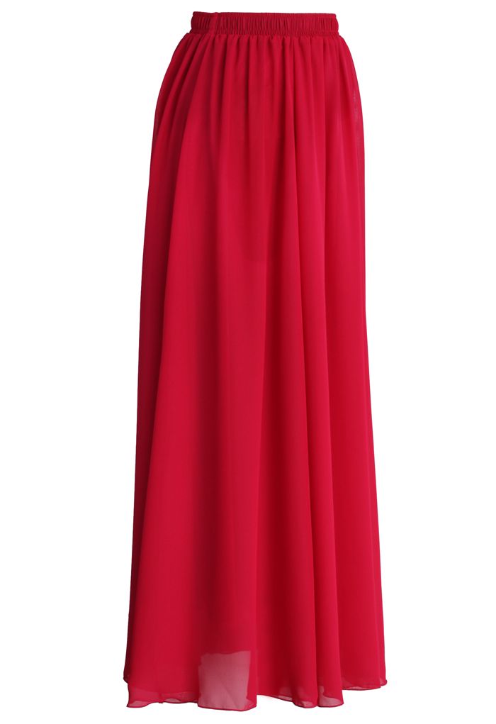 Front view of Wine Red Pleated Maxi Skirt, featuring a graceful silhouette and vibrant color.