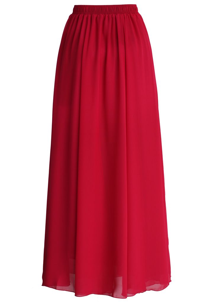 Front view of Wine Red Pleated Maxi Skirt, emphasizing the soft, flowing material and rich wine red shade.
