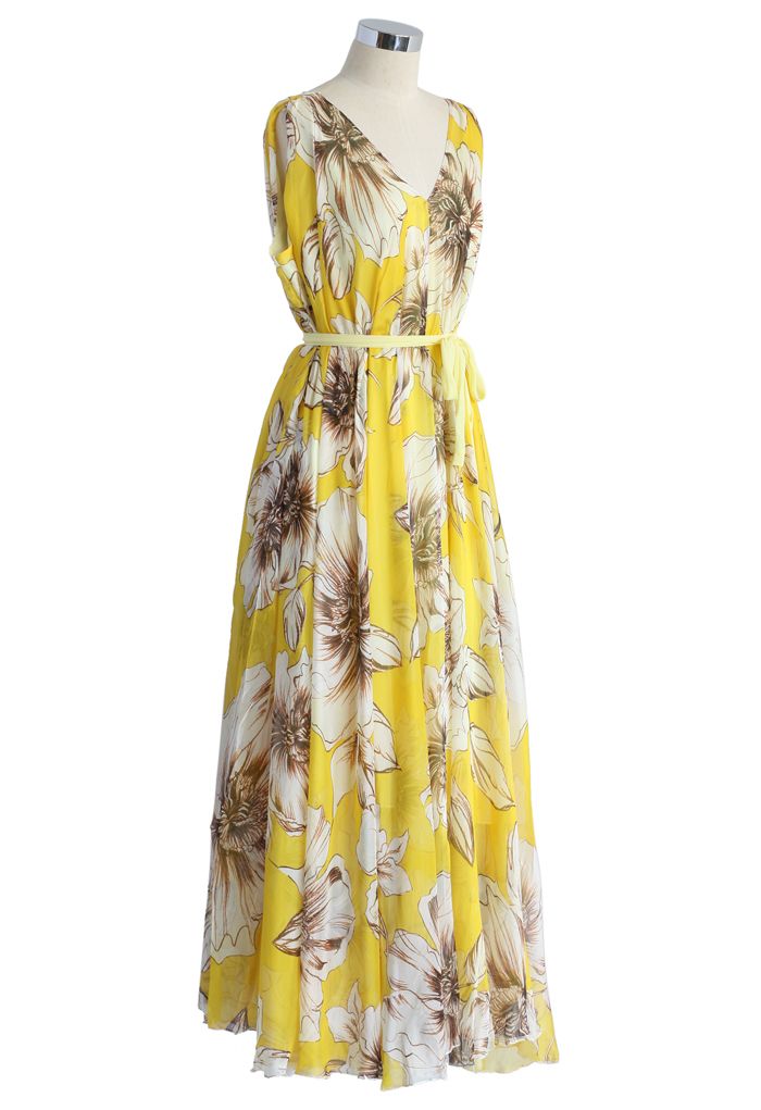 Marvelous Floral Chiffon Maxi Dress in Yellow 