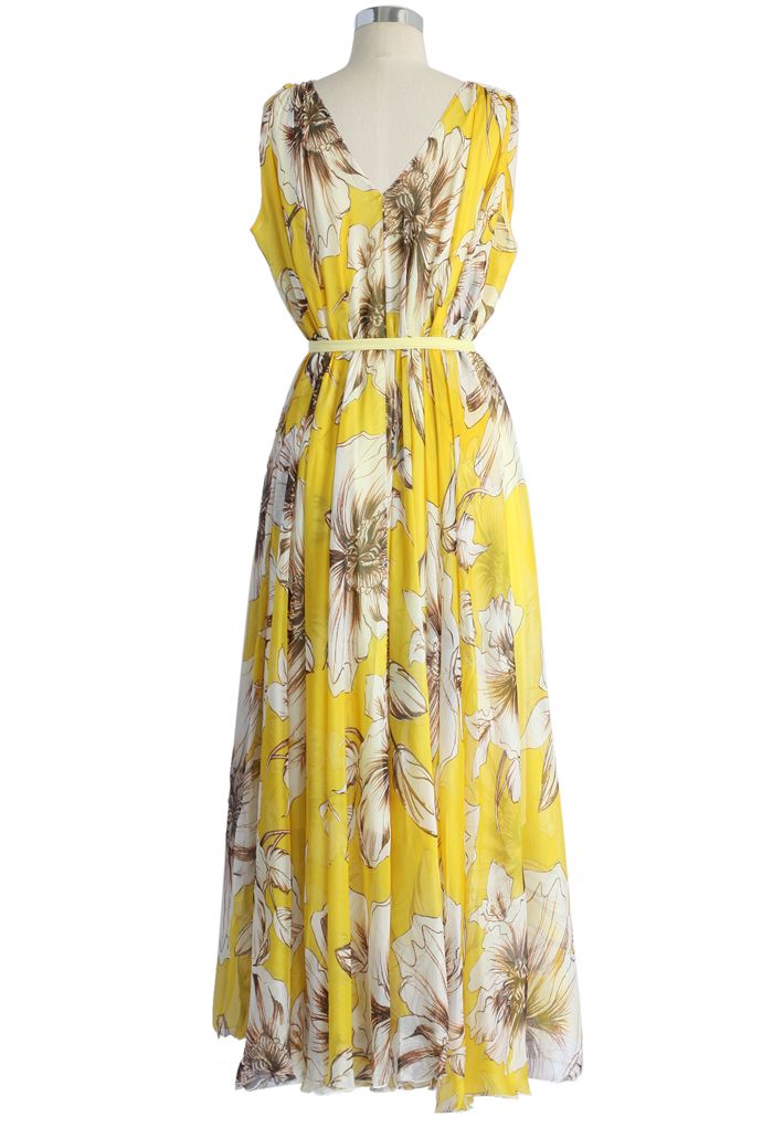 Marvelous Floral Chiffon Maxi Dress in Yellow 