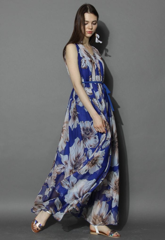 Marvelous Floral Chiffon Maxi Dress in Blue