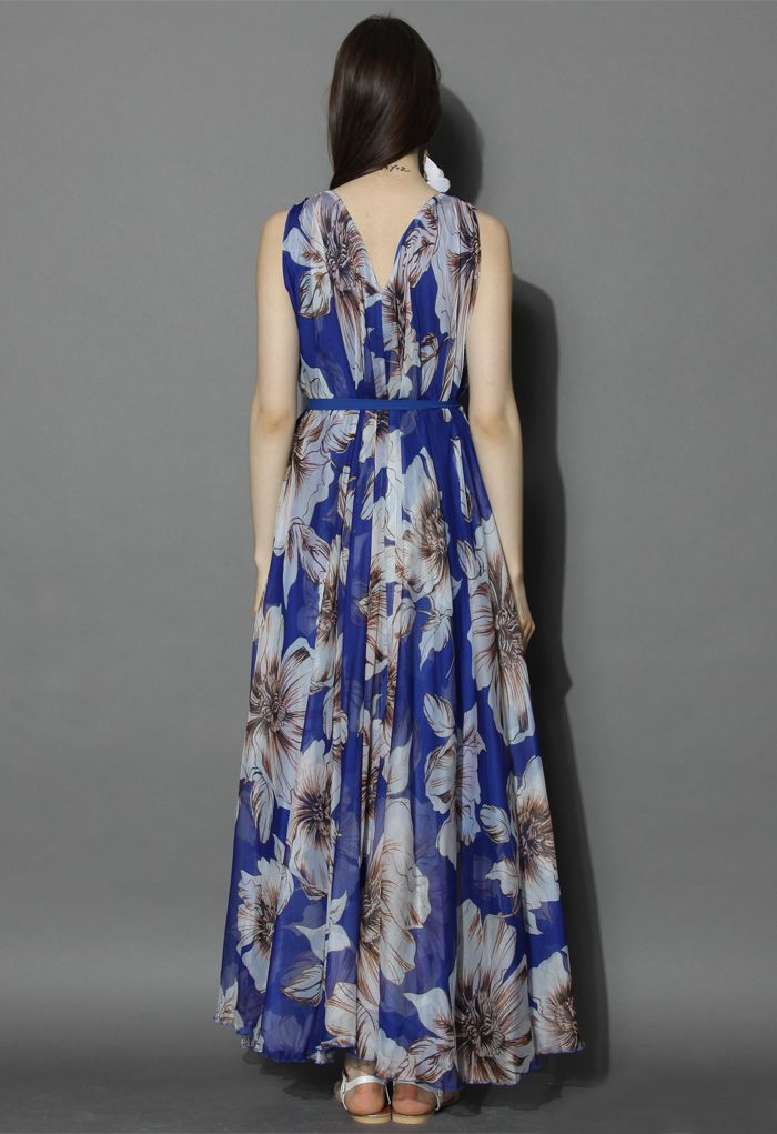 Marvelous Floral Chiffon Maxi Dress in Blue