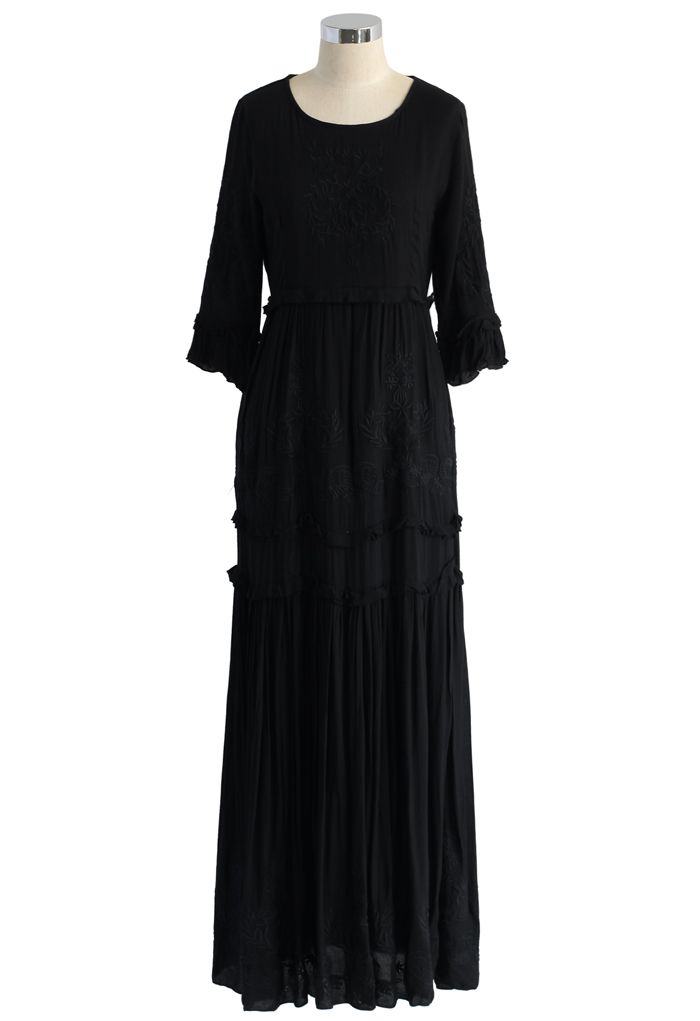 Grace Vines Embroidered Maxi Dress in Black