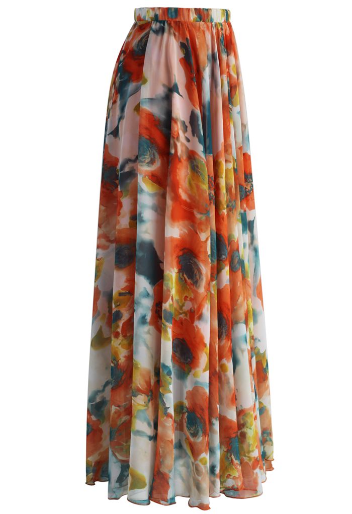 Orange Blossom Watercolor Maxi Skirt