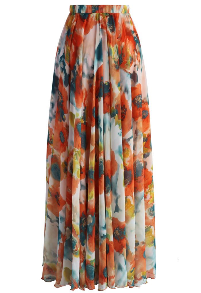 Orange Blossom Watercolor Maxi Skirt