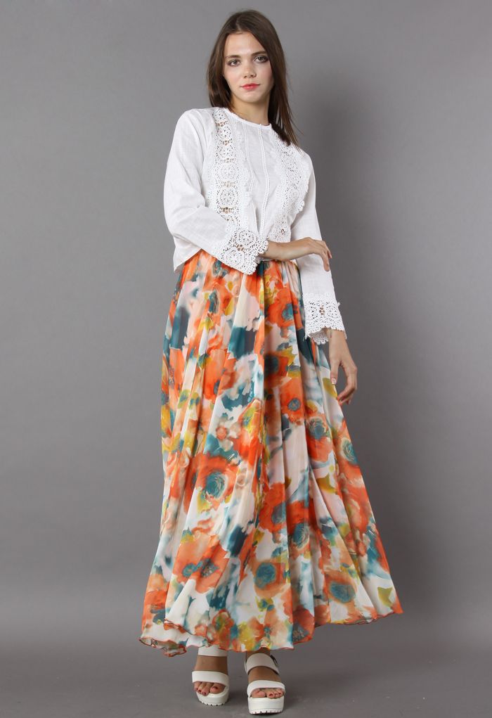 Orange Blossom Watercolor Maxi Skirt