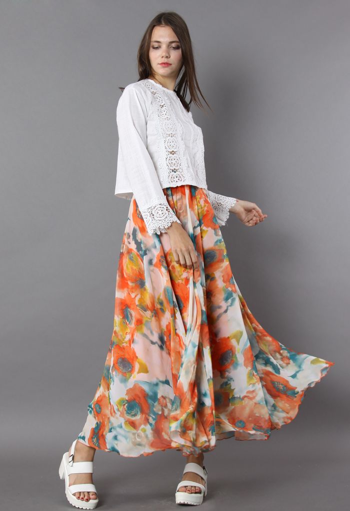 Orange Blossom Watercolor Maxi Skirt