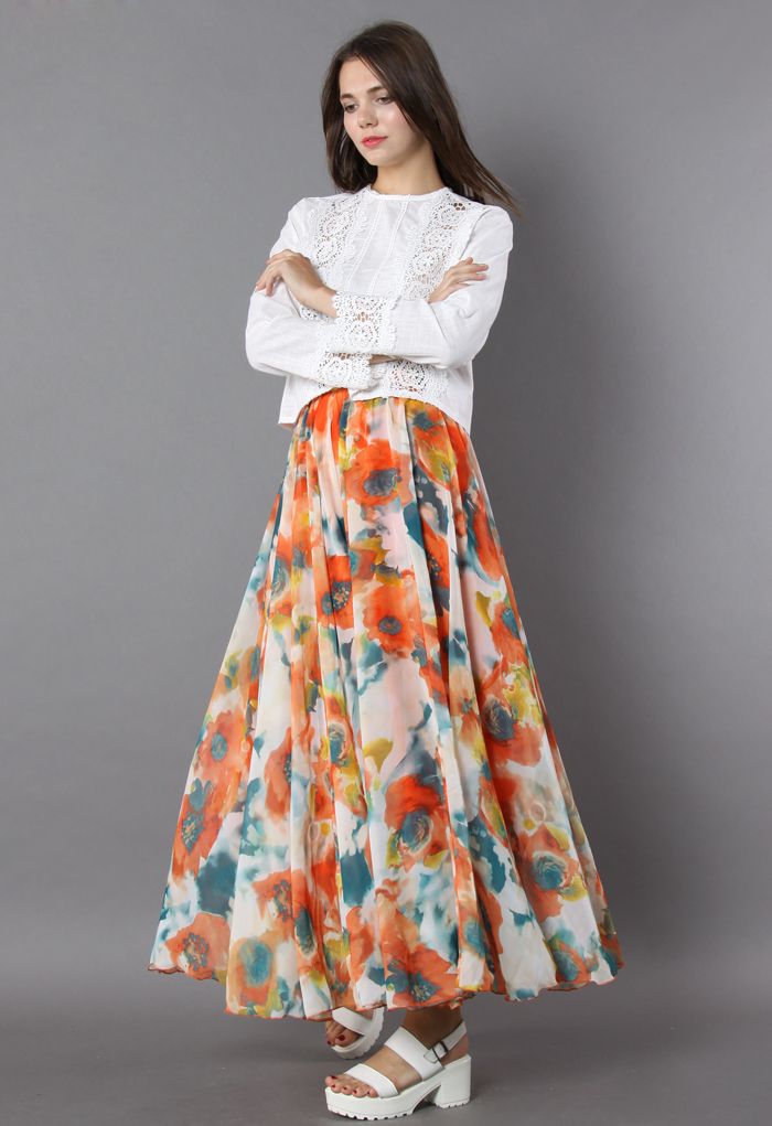 Orange Blossom Watercolor Maxi Skirt