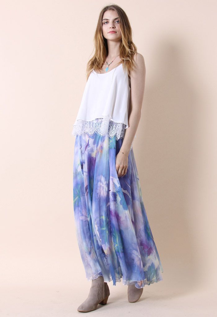 Dancing Watercolor Floral Maxi Skirt in Violet