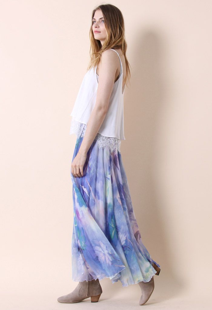 Dancing Watercolor Floral Maxi Skirt in Violet