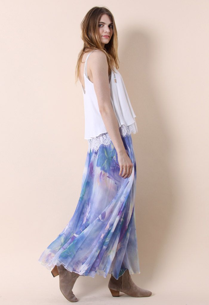 Dancing Watercolor Floral Maxi Skirt in Violet
