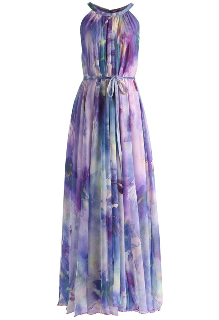 Floral Watercolor Maxi Slip Dress in Violet