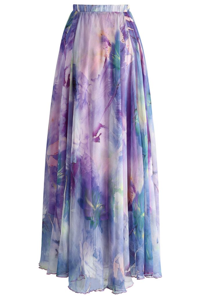 Dancing Watercolor Floral Maxi Skirt in Violet