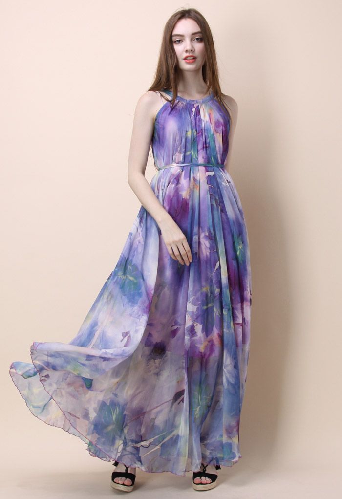 Floral Watercolor Maxi Slip Dress in Violet